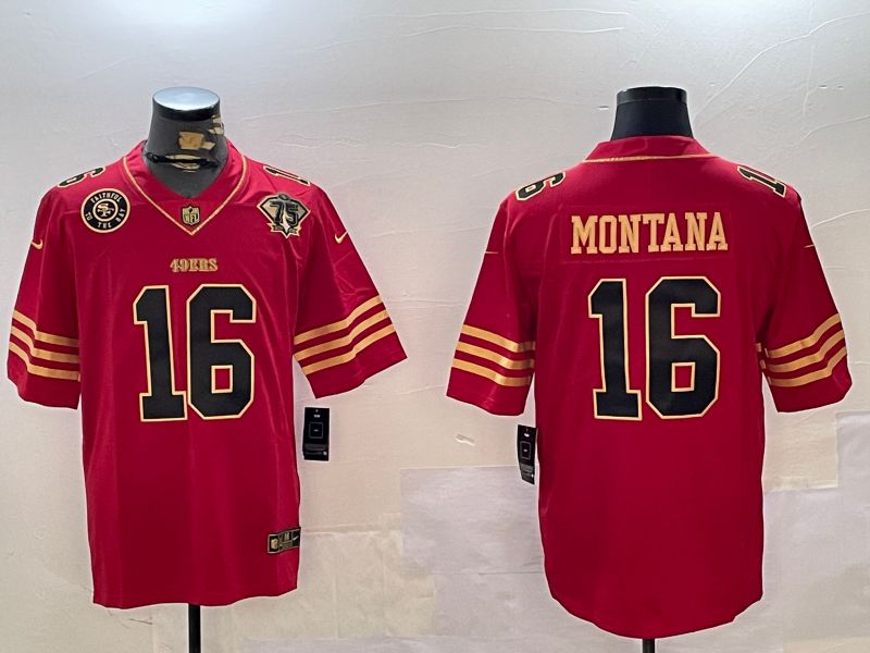 Men San Francisco 49ers 16 Montana Red Gold 2024 Nike Limited NFL Jersey style 12302